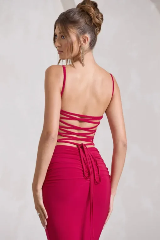 Alora | Red Strappy Lace-Up Maxi Dress With Flower Corsage