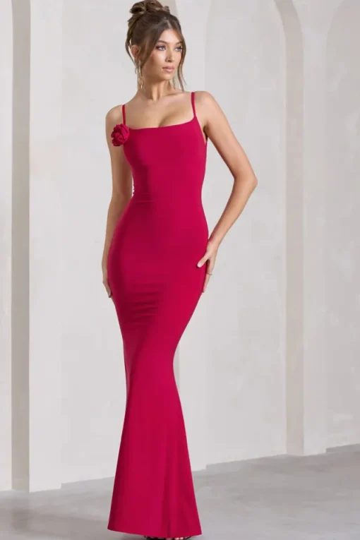 Alora | Red Strappy Lace-Up Maxi Dress With Flower Corsage