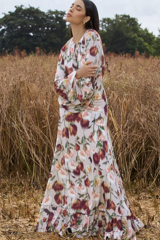 Althena | Cream Floral Print Balloon-Sleeve Maxi Dress
