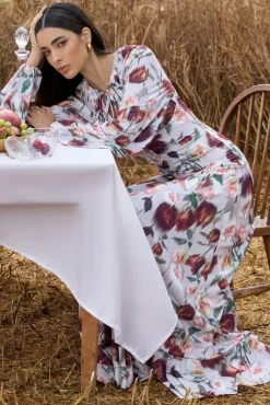 Althena | Cream Floral Print Balloon-Sleeve Maxi Dress