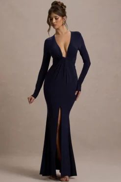 Aluna | Navy Plunge-Neck Twisted Split Maxi Dress