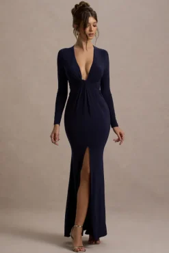 Aluna | Navy Plunge-Neck Twisted Split Maxi Dress