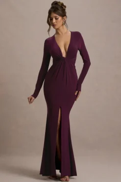 Aluna | Plum Plunge-Neck Twisted Split Maxi Dress