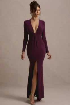 Aluna | Plum Plunge-Neck Twisted Split Maxi Dress