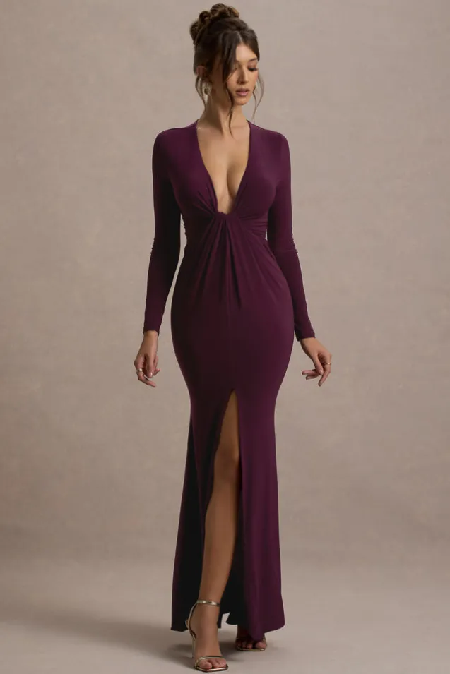 Aluna | Plum Plunge-Neck Twisted Split Maxi Dress