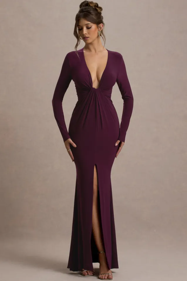 Aluna | Plum Plunge-Neck Twisted Split Maxi Dress