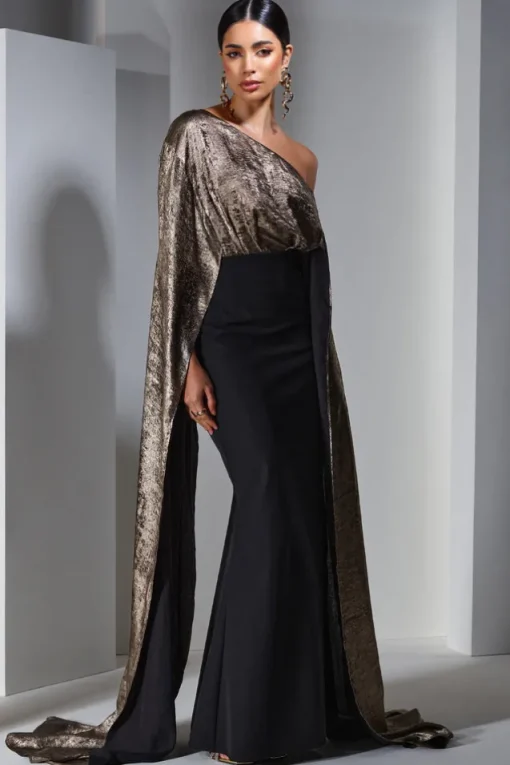 Alura | Black u0026 Gold Metallic One Shoulder Cape Maxi Dress