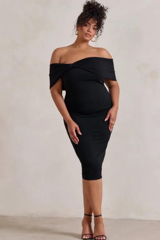 Alyssa | Black Bardot Bow Detail Midi Dress