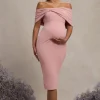 Alyssa | Blush Bardot Bow Maternity Midi Dress with Ruching