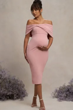 Alyssa | Blush Bardot Bow Maternity Midi Dress with Ruching