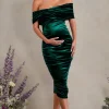 Alyssa | Bottle Green Velvet Maternity Bardot Bow Maternity Midi Dress with Ruching