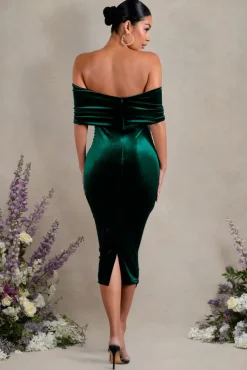 Alyssa | Bottle Green Velvet Maternity Bardot Bow Maternity Midi Dress with Ruching