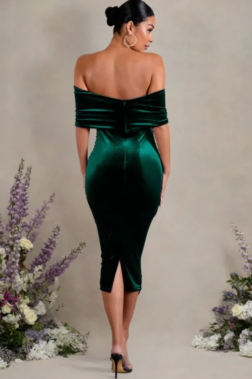 Alyssa | Bottle Green Velvet Maternity Bardot Bow Maternity Midi Dress with Ruching