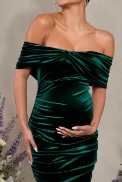 Alyssa | Bottle Green Velvet Maternity Bardot Bow Maternity Midi Dress with Ruching