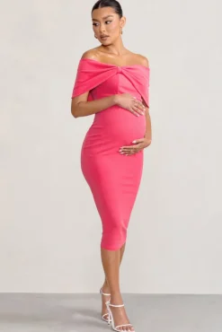 Alyssa | Hot Pink Bardot Bow Maternity Midi Dress with Ruching