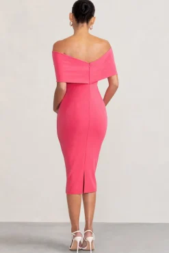 Alyssa | Hot Pink Bardot Bow Maternity Midi Dress with Ruching