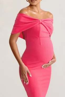 Alyssa | Hot Pink Bardot Bow Maternity Midi Dress with Ruching