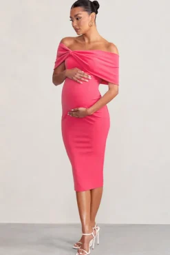 Alyssa | Hot Pink Bardot Bow Maternity Midi Dress with Ruching