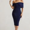 Alyssa | Navy Bardot Bow Detail Midi Dress