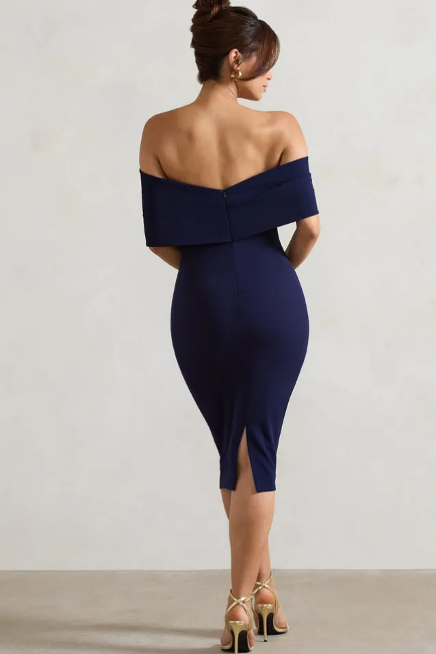 Alyssa | Navy Bardot Bow Detail Midi Dress