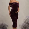 Alyssa | Port Velvet Maternity Bardot Bow Maternity Midi Dress with Ruching
