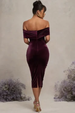Alyssa | Port Velvet Maternity Bardot Bow Maternity Midi Dress with Ruching