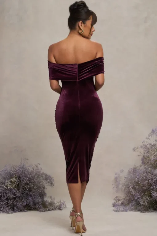 Alyssa | Port Velvet Maternity Bardot Bow Maternity Midi Dress with Ruching