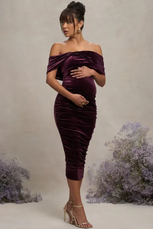 Alyssa | Port Velvet Maternity Bardot Bow Maternity Midi Dress with Ruching