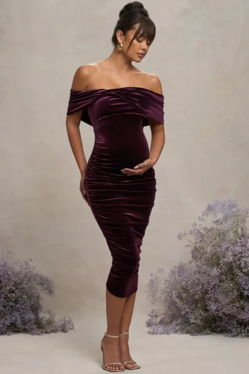 Alyssa | Port Velvet Maternity Bardot Bow Maternity Midi Dress with Ruching