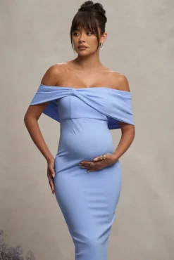 Alyssa | Powder Blue Bardot Bow Maternity Midi Dress with Ruching
