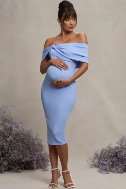 Alyssa | Powder Blue Bardot Bow Maternity Midi Dress with Ruching