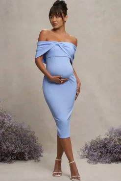 Alyssa | Powder Blue Bardot Bow Maternity Midi Dress with Ruching