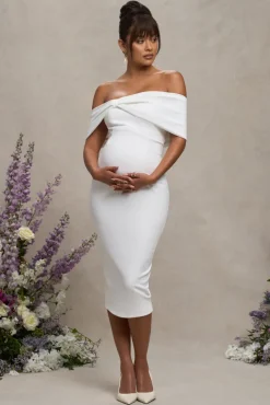Alyssa | White Bardot Bow Maternity Midi Dress with Ruching