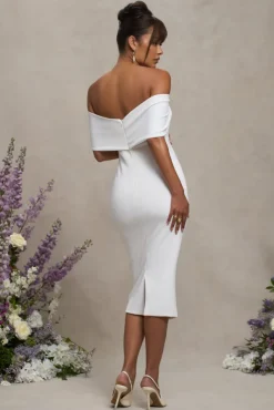 Alyssa | White Bardot Bow Maternity Midi Dress with Ruching