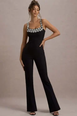 Amadi | Black Embellished Strappy Flared-Leg Jumpsuit