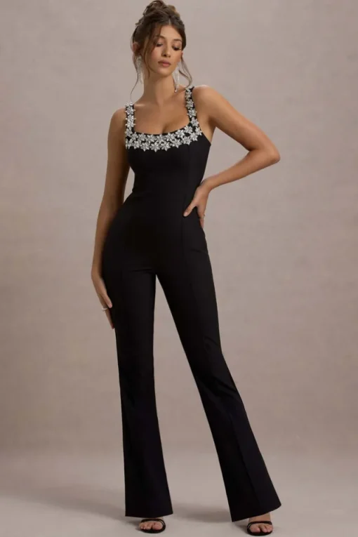 Amadi | Black Embellished Strappy Flared-Leg Jumpsuit