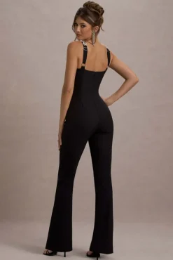 Amadi | Black Embellished Strappy Flared-Leg Jumpsuit