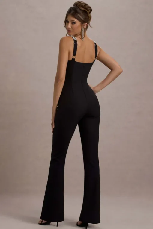 Amadi | Black Embellished Strappy Flared-Leg Jumpsuit