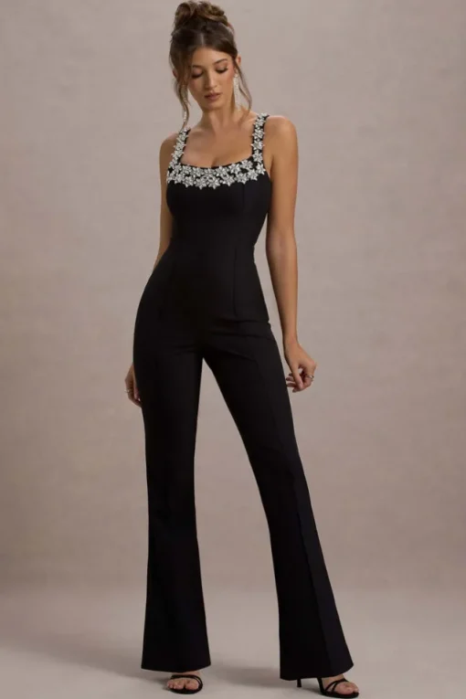 Amadi | Black Embellished Strappy Flared-Leg Jumpsuit