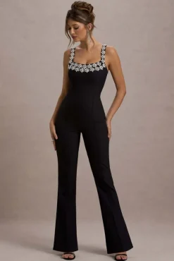Amadi | Black Embellished Strappy Flared-Leg Jumpsuit