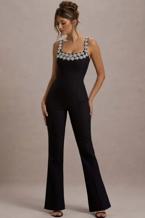 Amadi | Black Embellished Strappy Flared-Leg Jumpsuit