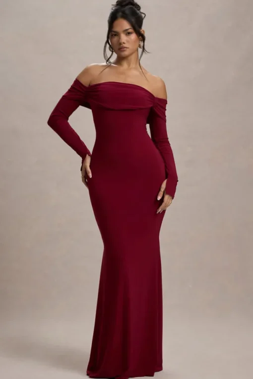 Amaia | Berry Bardot Long-Sleeve Maxi Dress