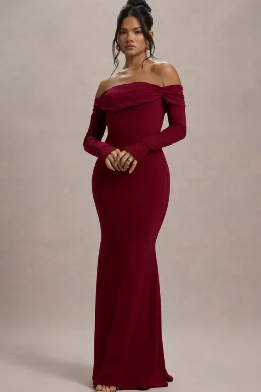 Amaia | Berry Bardot Long-Sleeve Maxi Dress