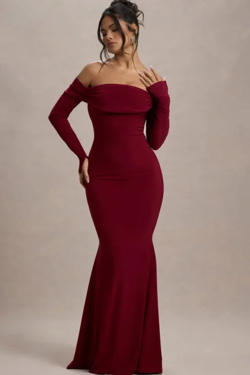 Amaia | Berry Bardot Long-Sleeve Maxi Dress