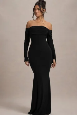 Amaia | Black Bardot Long-Sleeve Maxi Dress