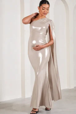 Amara | Gold Metallic One-Shoulder Maternity Maxi Dress With Cape
