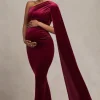 Amaryllis | Berry Velvet Maternity One Shoulder Maxi Dress with Cape Sleeve