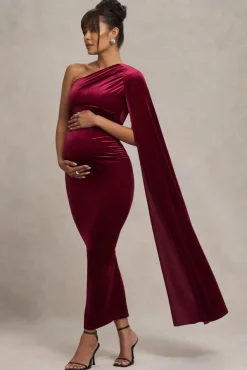 Amaryllis | Berry Velvet Maternity One Shoulder Maxi Dress with Cape Sleeve