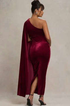 Amaryllis | Berry Velvet Maternity One Shoulder Maxi Dress with Cape Sleeve
