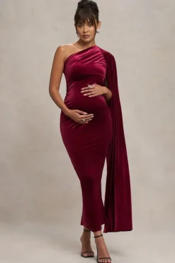 Amaryllis | Berry Velvet Maternity One Shoulder Maxi Dress with Cape Sleeve